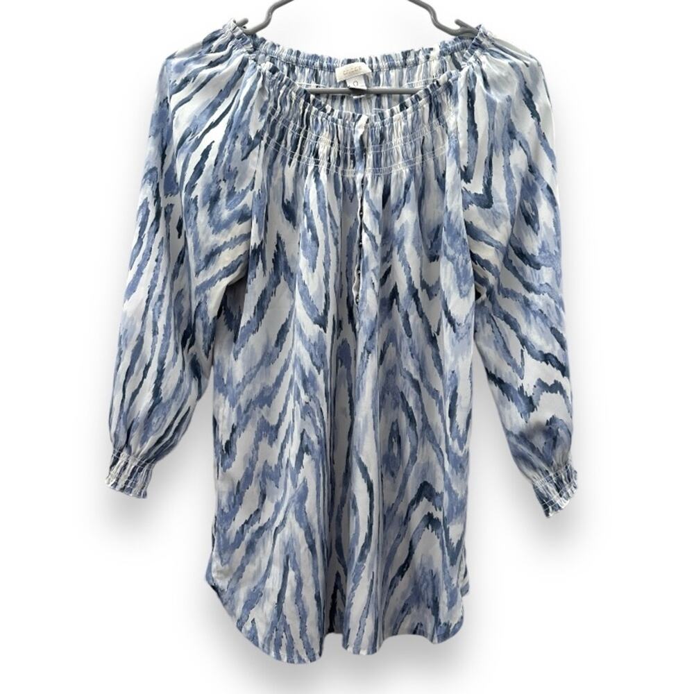 Chico's White & Blue Zebra Watercolor Like Striped 3/4 Sleeve Smocked Top Sz 0